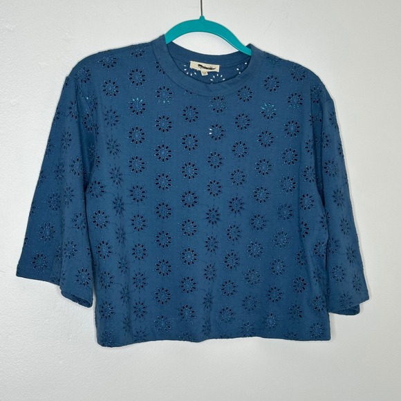 NEW Madewell Blue Eyelet Cotton‎ Embroidered Crop Top Blouse XXS Made in India - Picture 2 of 7